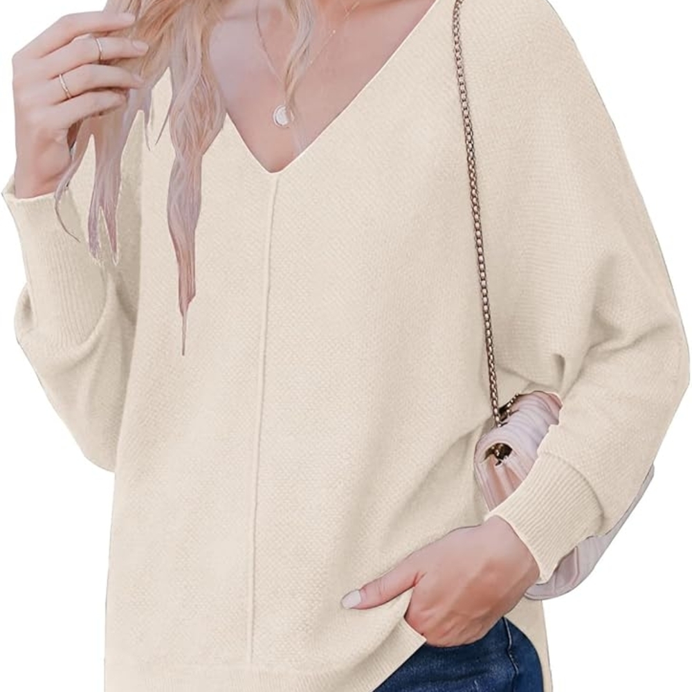 Women’s Plus Size 3X Cream V-Neck Batwing Dolman-Sleeve Knit Sweater